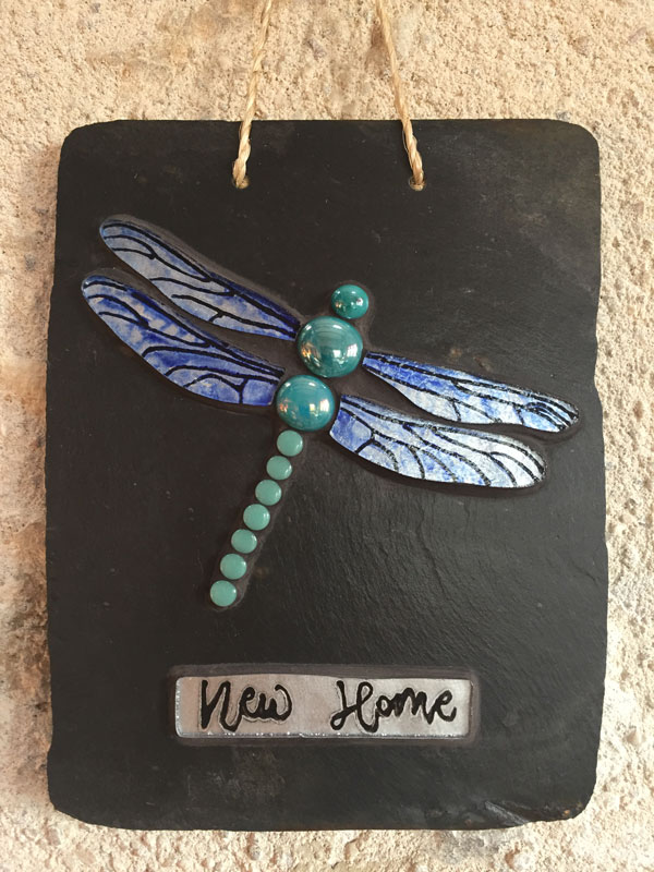 new home plaque, dragonfly added to slate