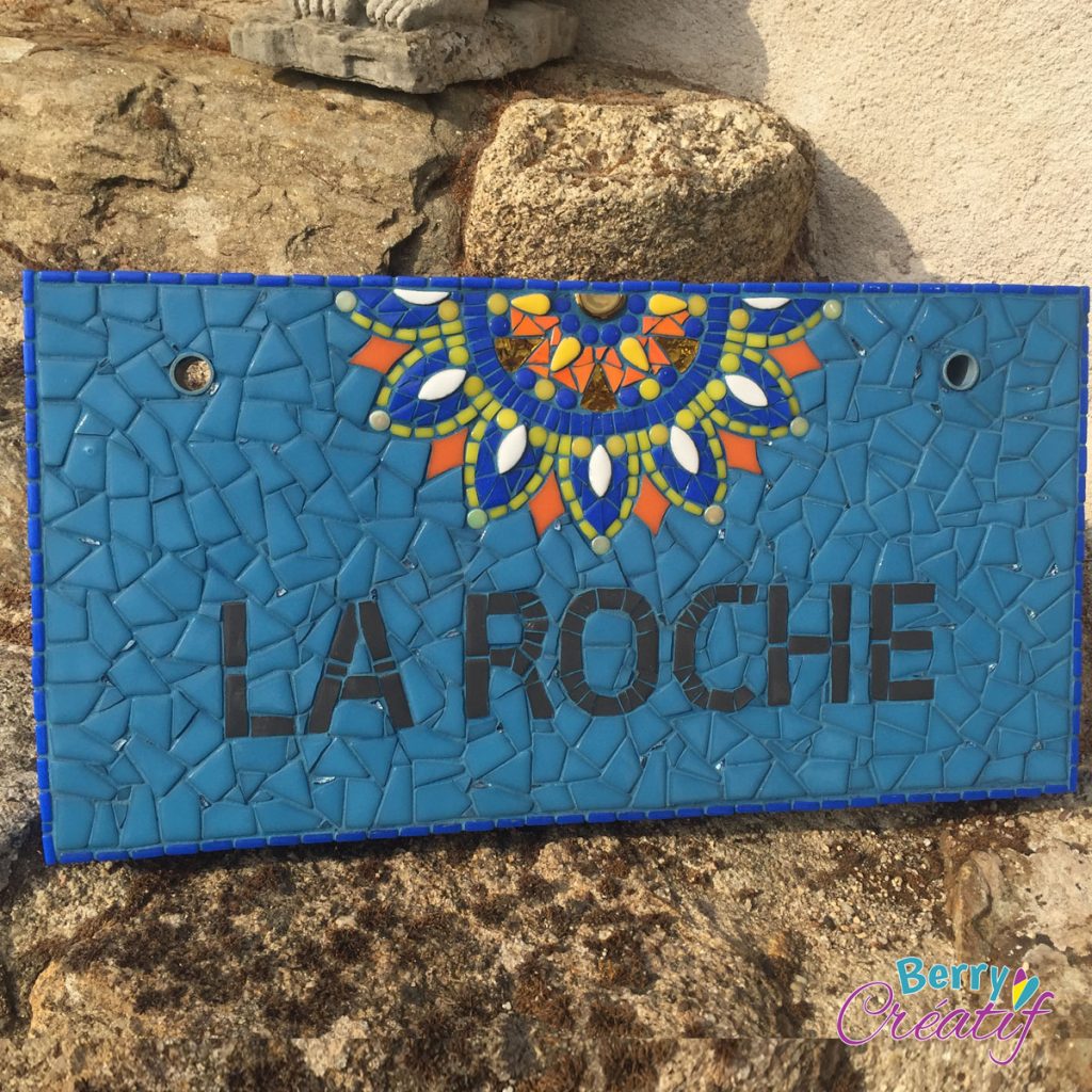mosaic sign double-sided with royal blue background and mandala