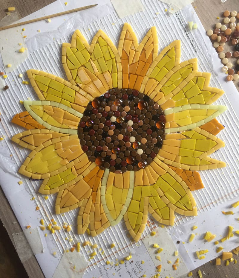 sunflower-wip sunflower design in mosaic, wok in progress
