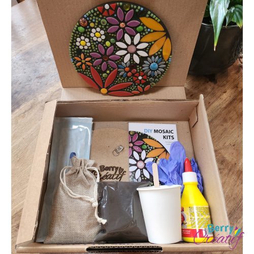mosaic kit: showing the box and its contents, plus an example of how the finished mosaic will look