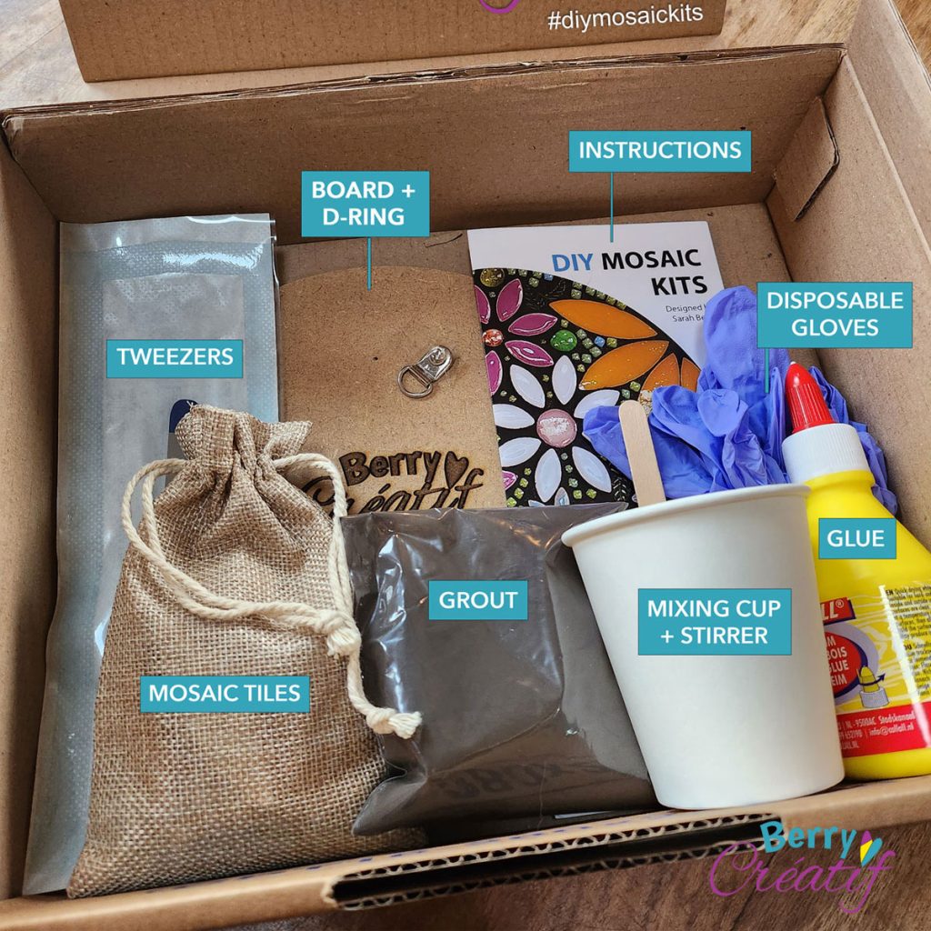 mosaic kit: a box showing the contents of what's included