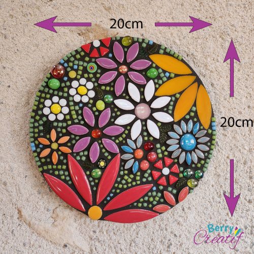 this mosaic kit when made gives you a 20cm diameter artwork to hang
