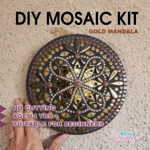 diy mosaic kit wall art, hung on a stone wall, with a hand as scale to show the size of the item