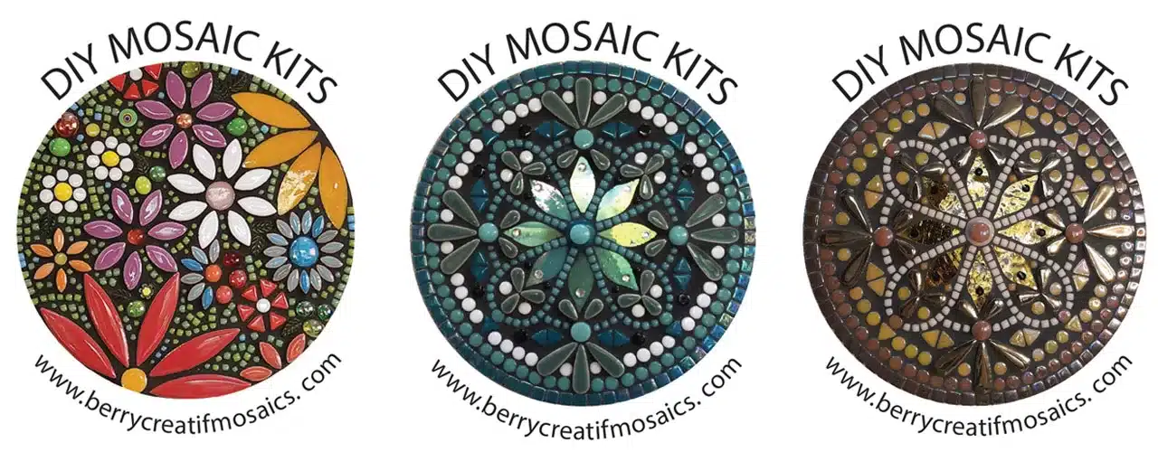 three circular mosaic kits designs shown side by side