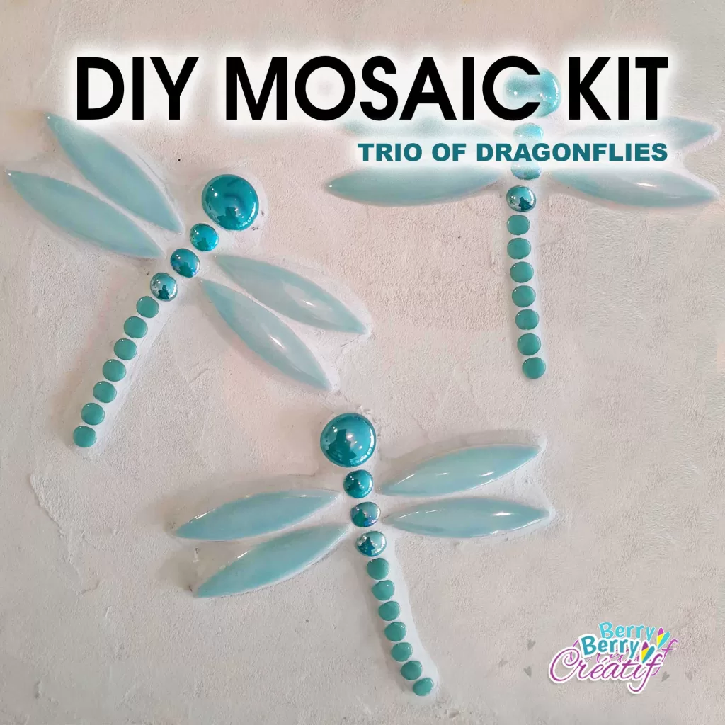 three dragonflies made in mosaic