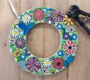 pretty round wreath mosaic using spring flowers as inspiration